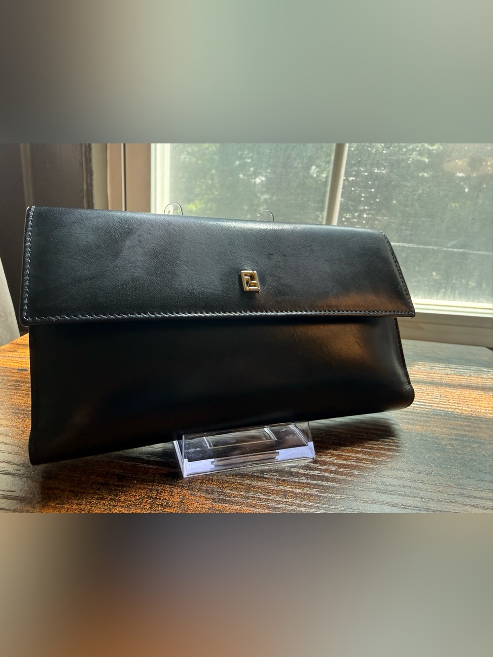 Fendi Black Leather Clutch Wallet with Gold Tone Logo